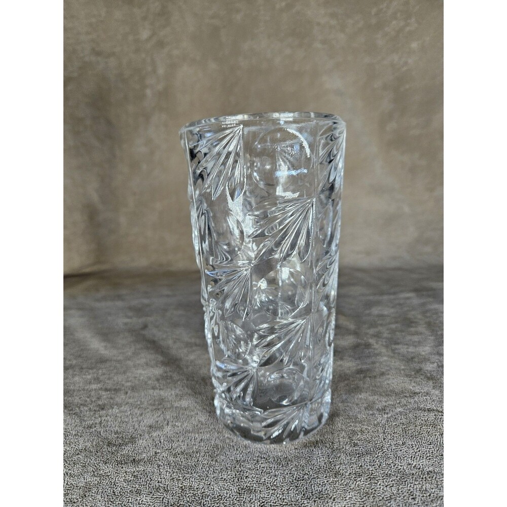 Vintage Czech Clear Pressed Glass Cylinder Vase 6 3/4" High Heavy Imprinted